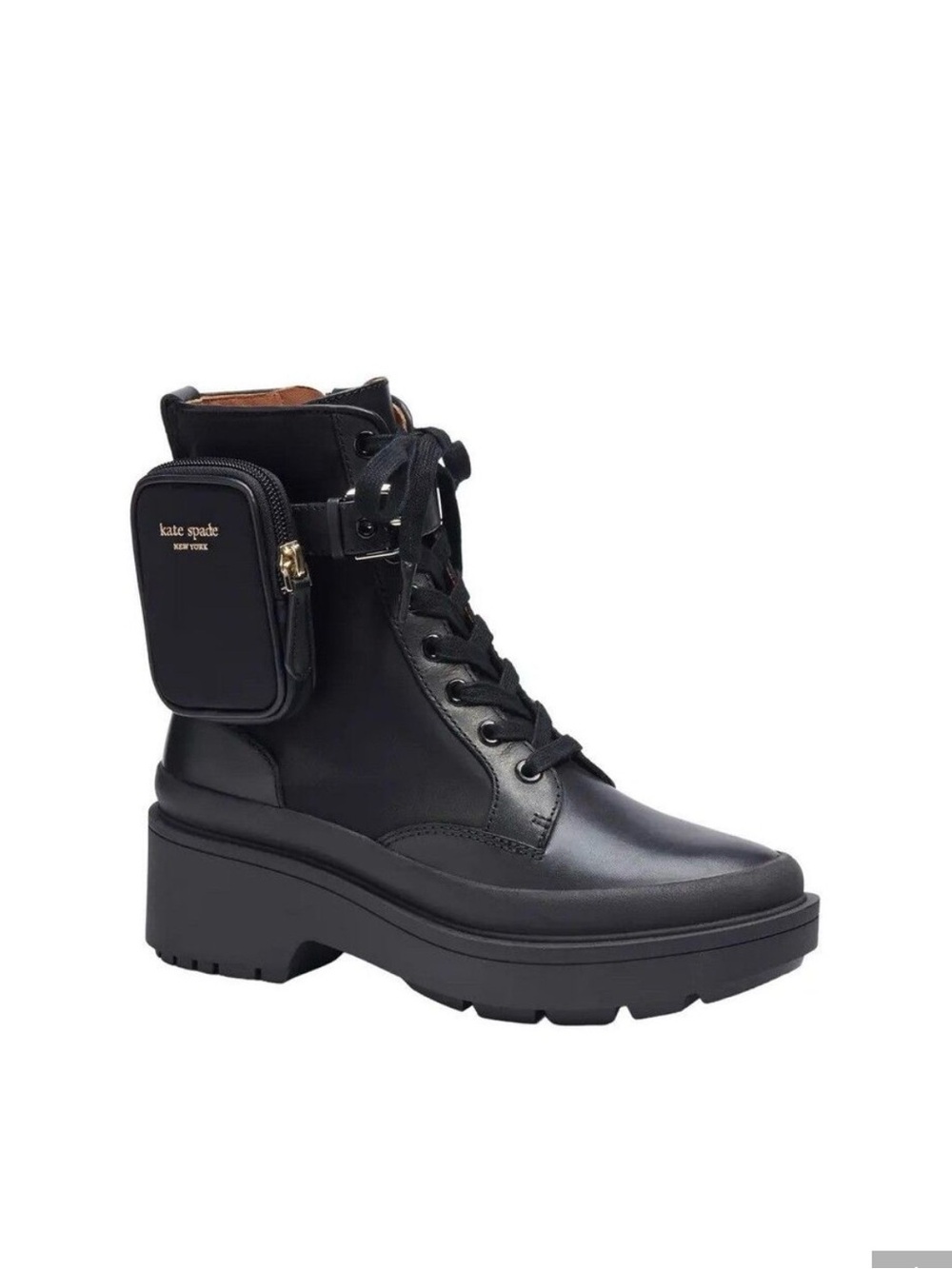 kate spade WinonaBlack Leather Platform Ankle Boot with Detachable Pouch